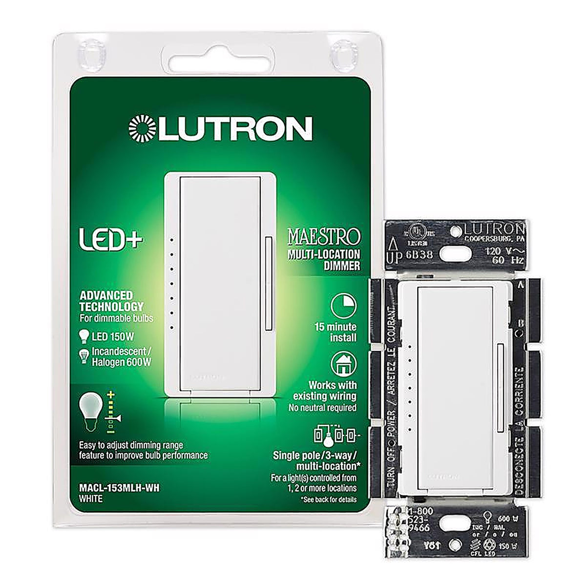 Lutron Maestro White 150 W 3-Way Dimmer Switch 1 pk - MACL-153MLH-WH -