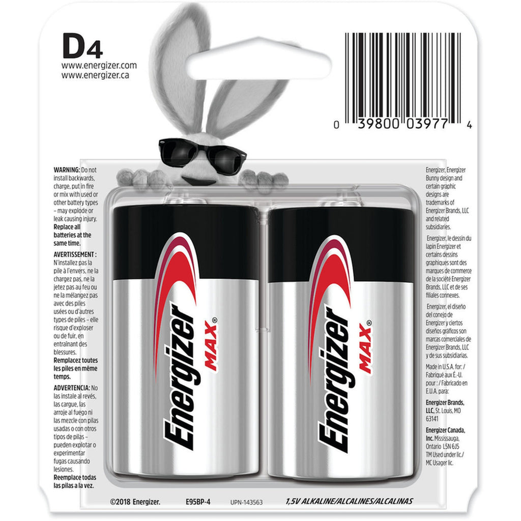 Energizer - E95BP-4 - Max D Alkaline Batteries 4 pk Carded