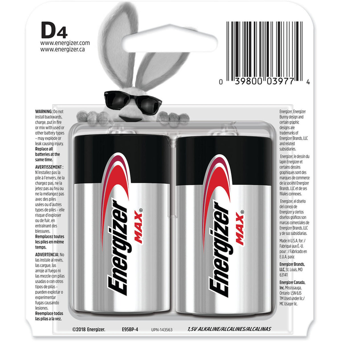 Energizer - E95BP-4 - Max D Alkaline Batteries 4 pk Carded