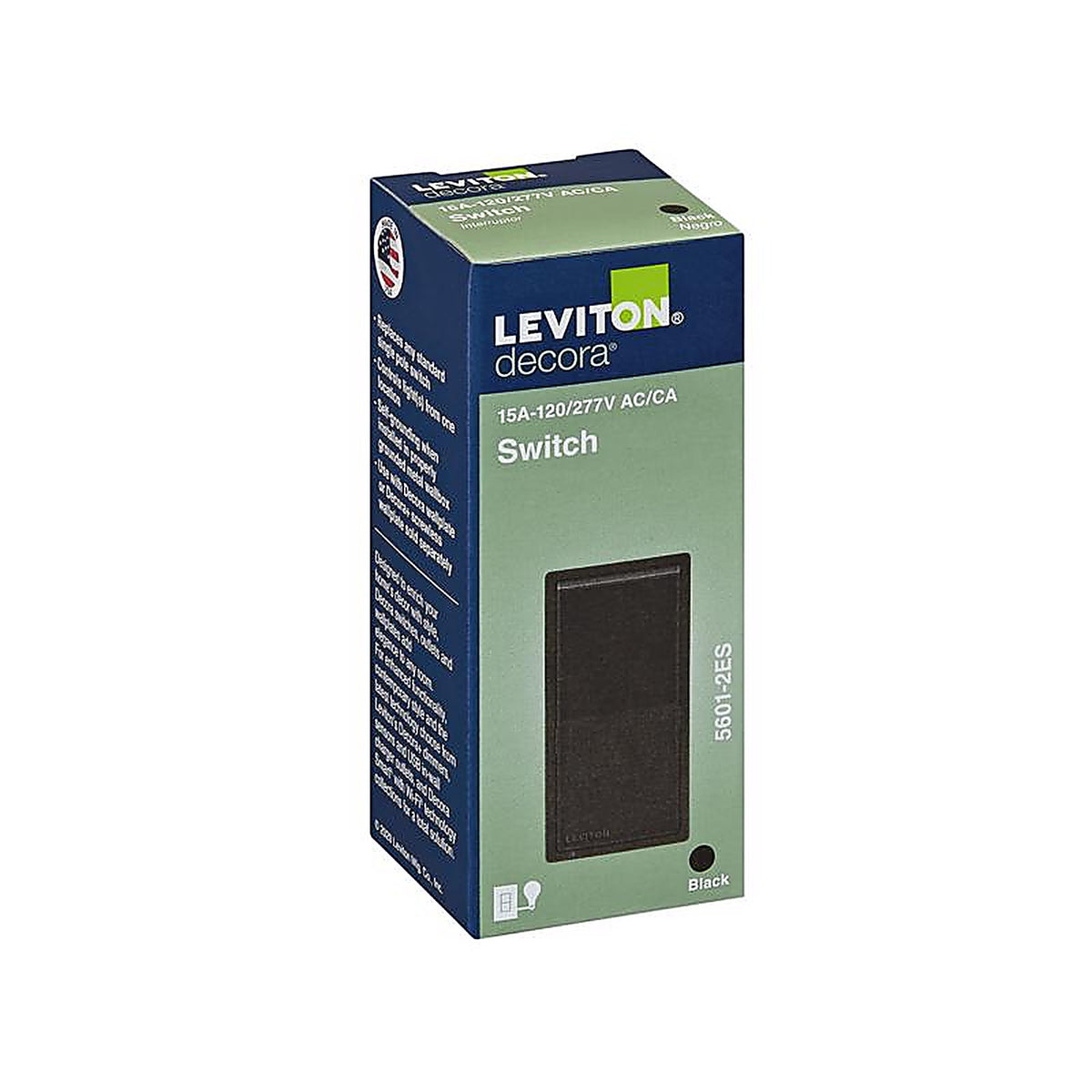 Leviton - 05601-2ES - Decora 15 amps Single Pole Rocker AC Quiet Switch Black - 1/Pack