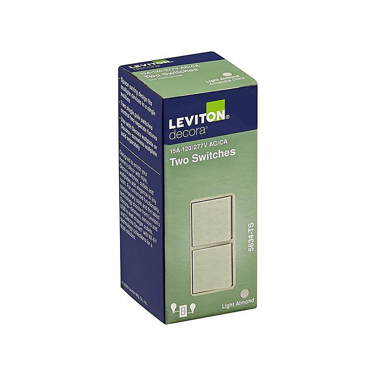 Leviton - 05634-0TS - Decora 15 amps Single Pole Combination AC Quiet Switch Light Almond - 1/Pack
