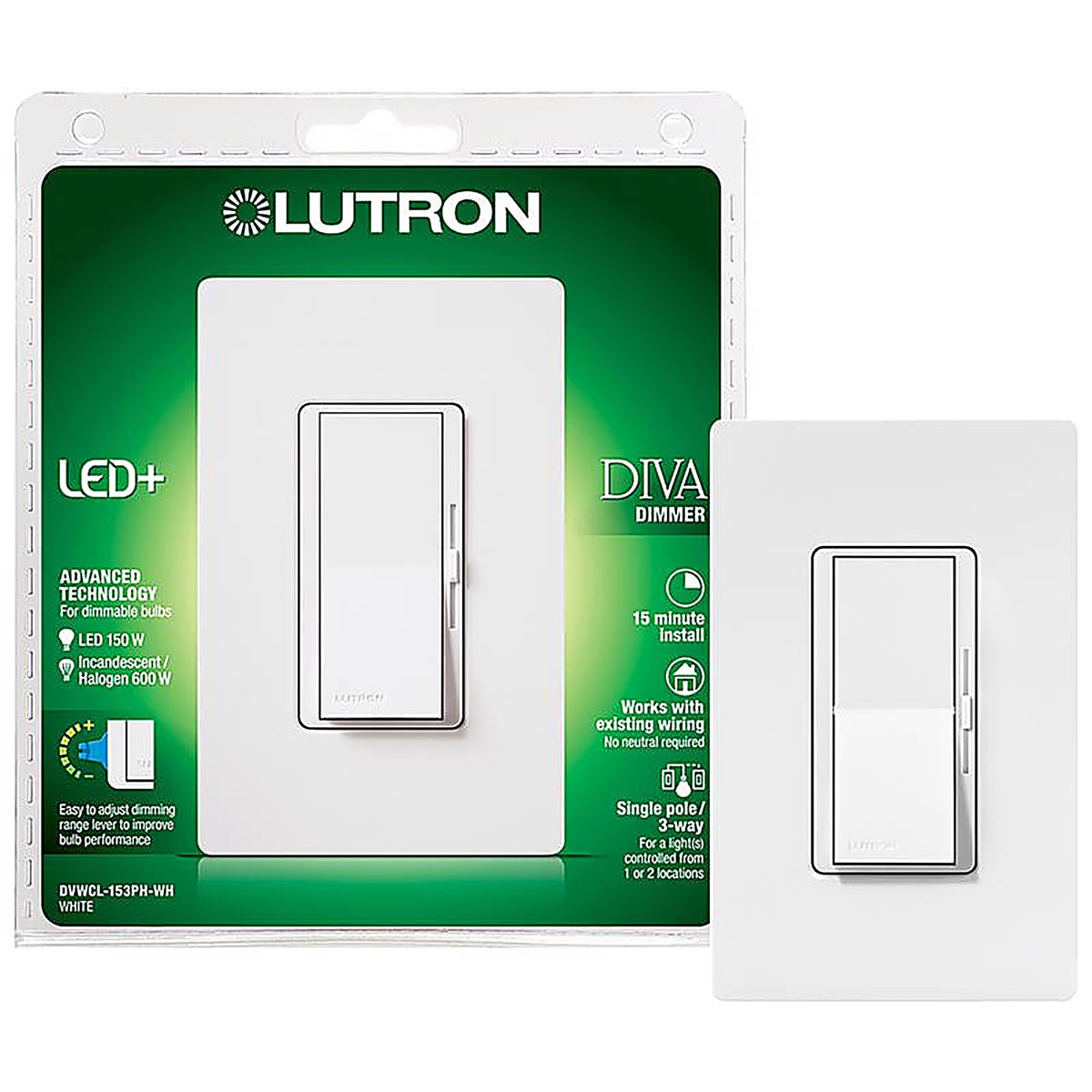 Lutron - DVWCL-153PH-WH - Diva White 150 watt 3-Way Dimmer Switch - 1/Pack