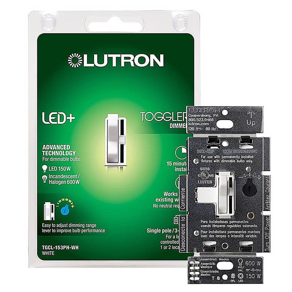 Lutron - TGCL-153PH-WH - Toggler White 150 watt 3-Way Dimmer Switch - 1/Pack