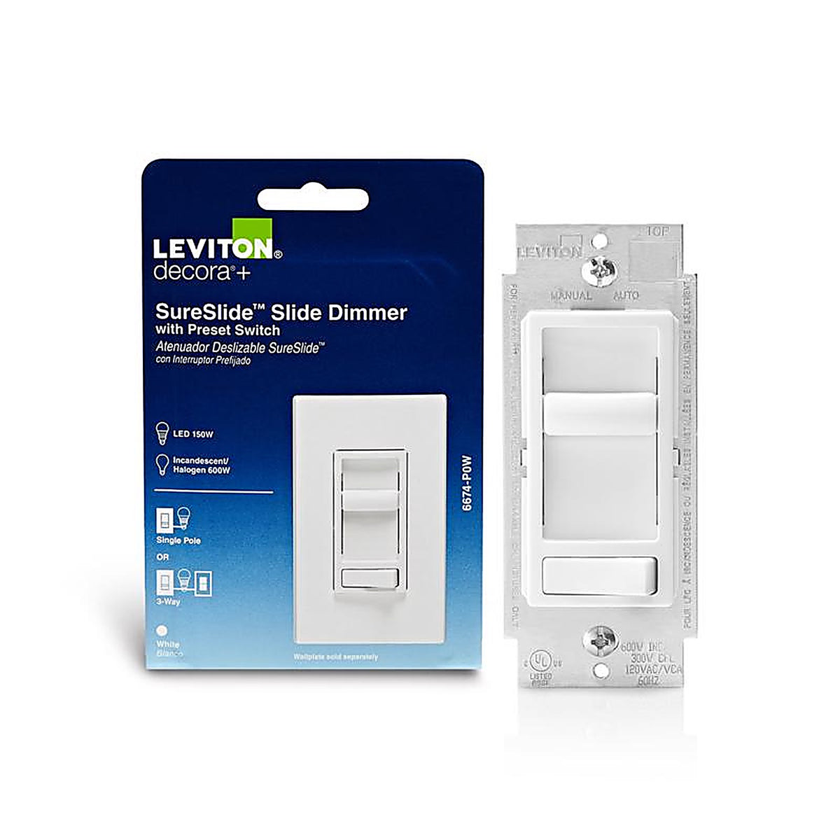 Leviton - R62-06674-P0W - SureSlide White 600 watt Preset Slide Dimmer Switch - 1/Pack
