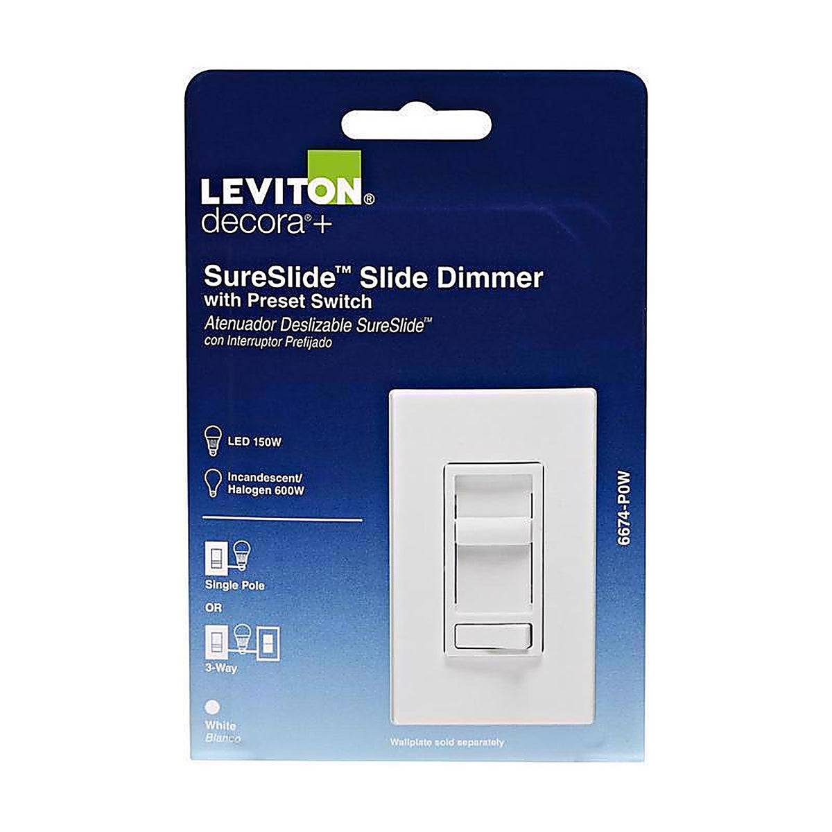 Leviton - R62-06674-P0W - SureSlide White 600 watt Preset Slide Dimmer Switch - 1/Pack