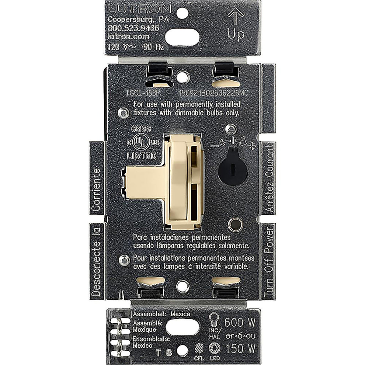 Lutron - TGCL-153PH-IV - Toggler Ivory 150 watt 3-Way Dimmer Switch - 1/Pack