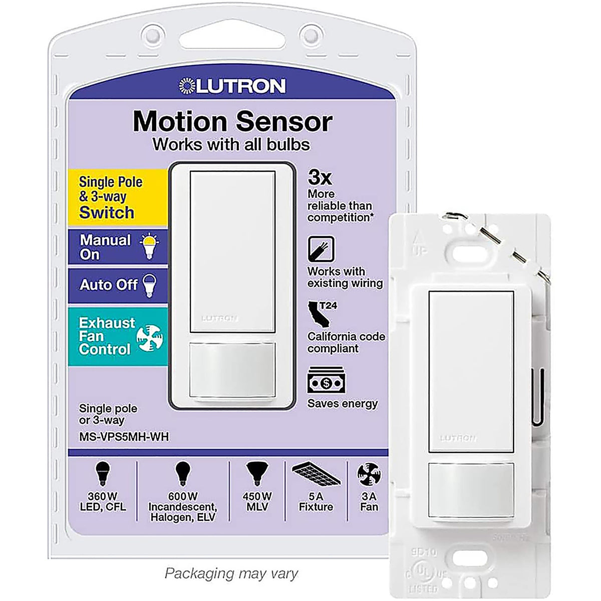 Lutron - MS-VPS5MH-WH - 5 amps Single Pole Sensor Alarm/Sensor Switch White 1 pk