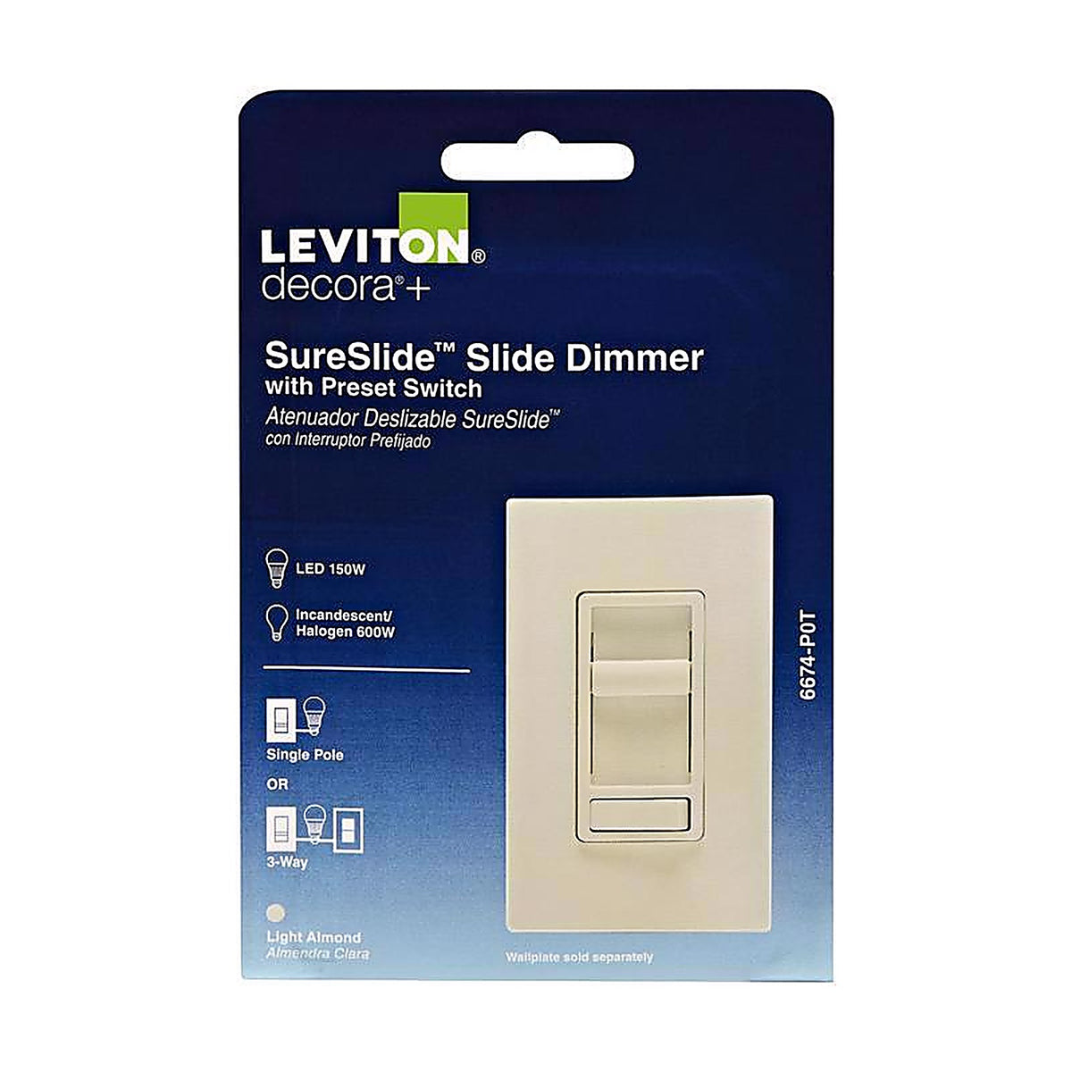 Leviton - R68-06674-P0T - SureSlide Light Almond 600 watt Preset Slide Dimmer Switch - 1/Pack