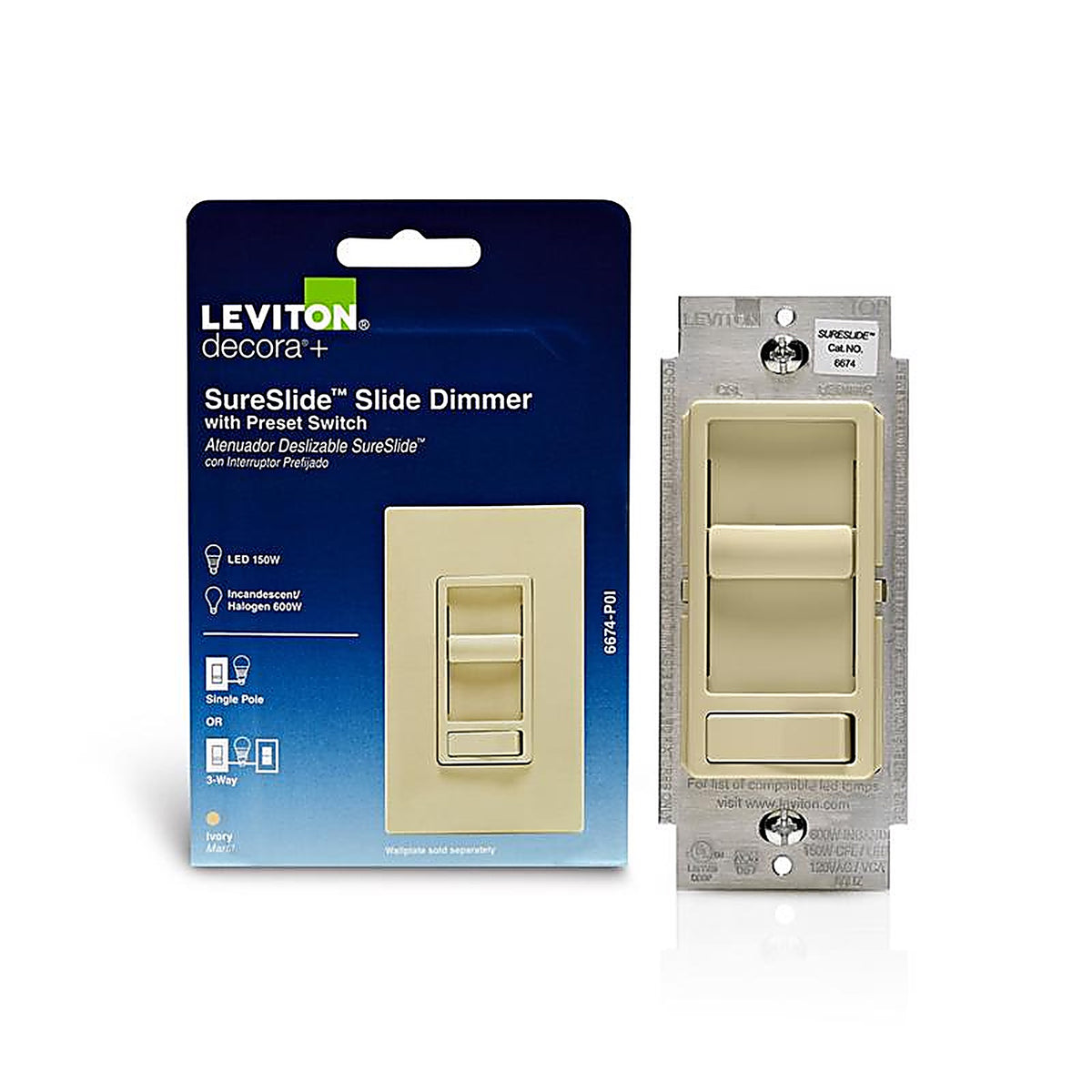 Leviton - R61-06674-P0I - SureSlide Ivory 600 watt Preset Slide Dimmer Switch - 1/Pack