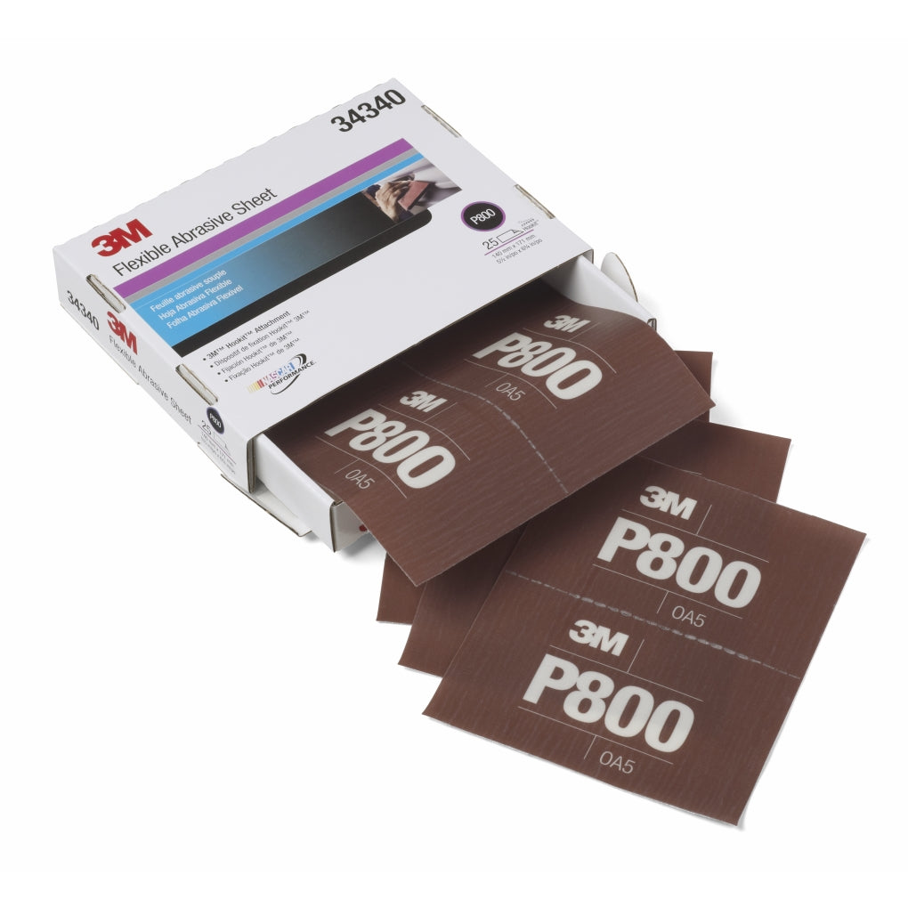 3M - 34340 - Flexible Abrasive Hookit Sheet, 5.5 in x 6.8 in, P800, 25/box