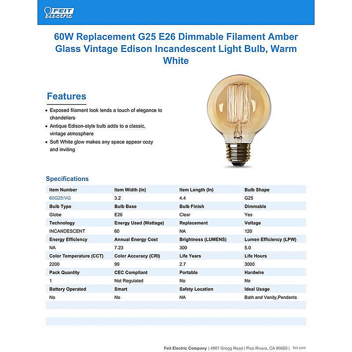Feit - 60G25/VG - The Original 60 W G25 Vintage Incandescent Bulb E26 (Medium) Soft White 1 pk