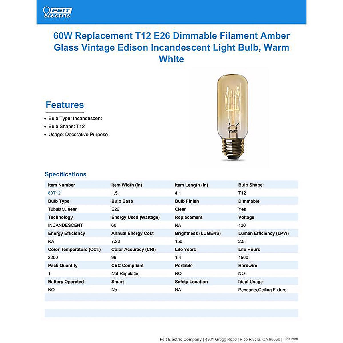 Feit - 60T12 - The Original 60 W T12 Vintage Incandescent Bulb E26 (Medium) Soft White 1 pk