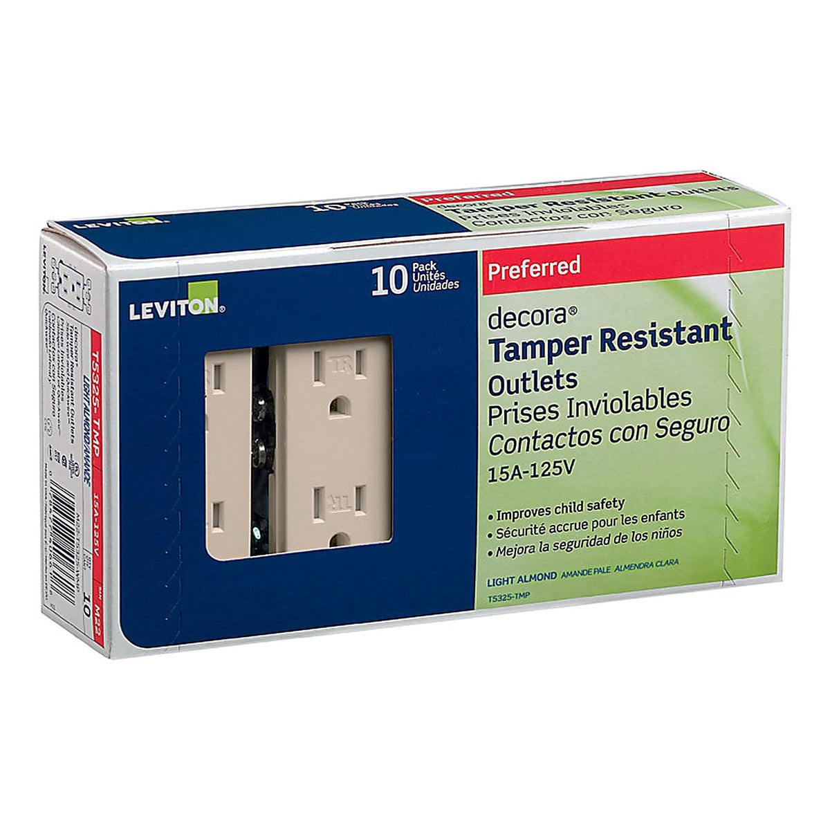 Leviton - T5325-TMP - Decora 15 amps 125 V Duplex Light Almond Outlet 5-15R 10 pk
