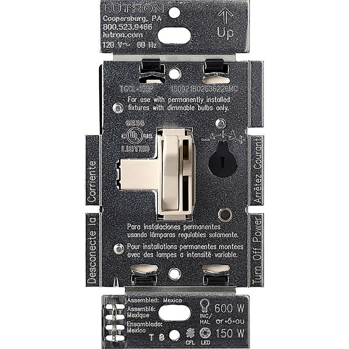 Lutron - TGCL-153PH-LA - Toggler Light Almond 150 W 3-Way Dimmer Switch 1 pk