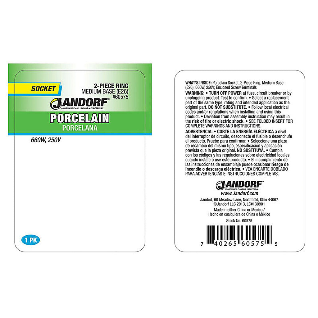 Jandorf - 60575 - Porcelain Medium Base Ring Socket - 1/Pack