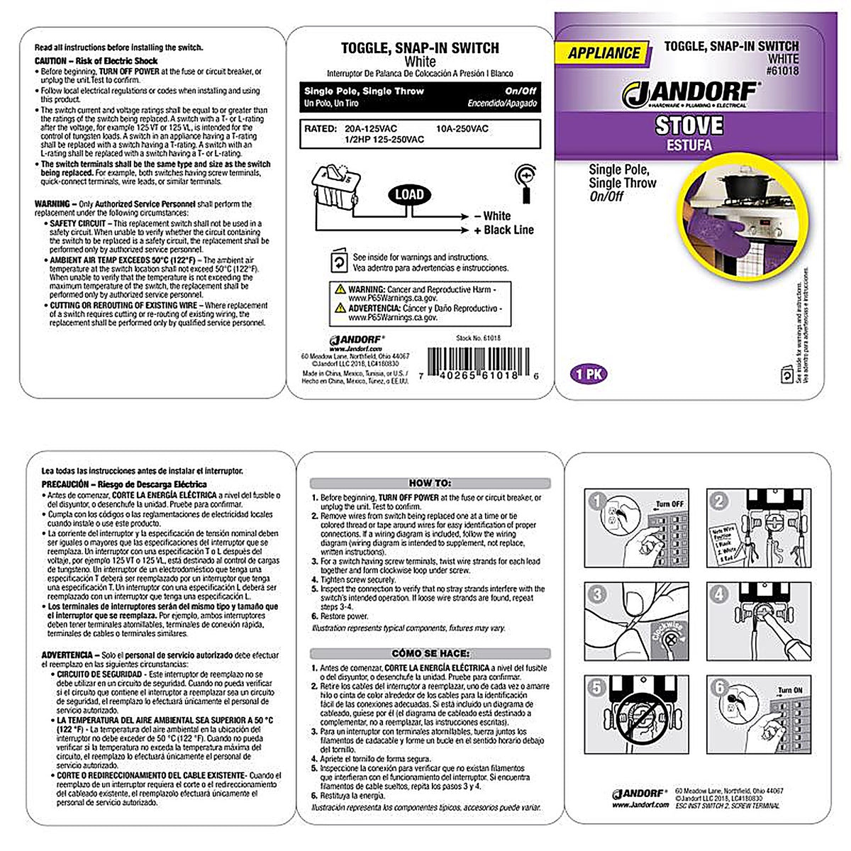 Jandorf - 61018 - 20 amps Single Pole Snap-In Toggle Appliance Switch White - 1/Pack