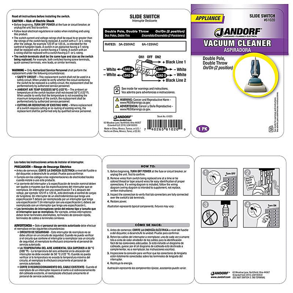Jandorf - 61020 - 6 amps Double Pole Slide Appliance Switch Black/Silver - 1/Pack