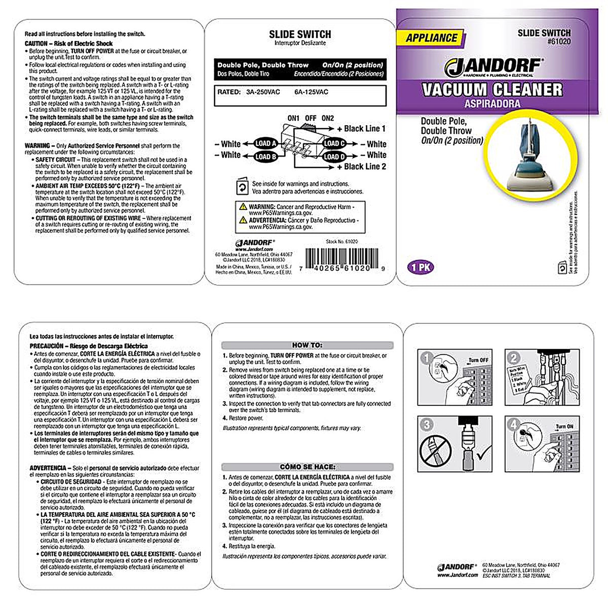 Jandorf - 61020 - 6 amps Double Pole Slide Appliance Switch Black/Silver - 1/Pack