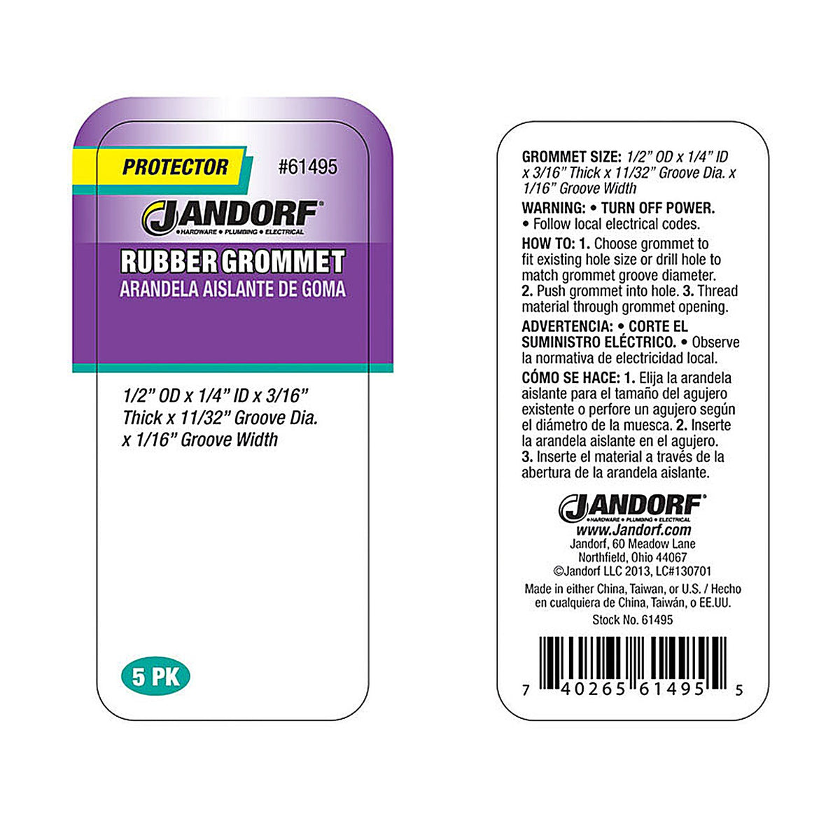 Jandorf - 61495 - 1/2 in. Dia. Rubber Grommet - 5/Pack