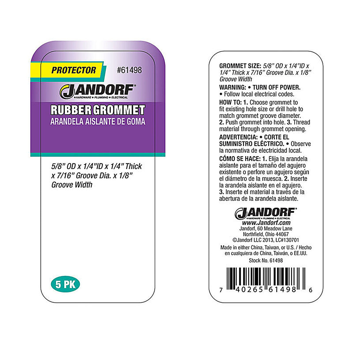 Jandorf - 61498 - 5/8 in. Dia. Rubber Grommet - 5/Pack