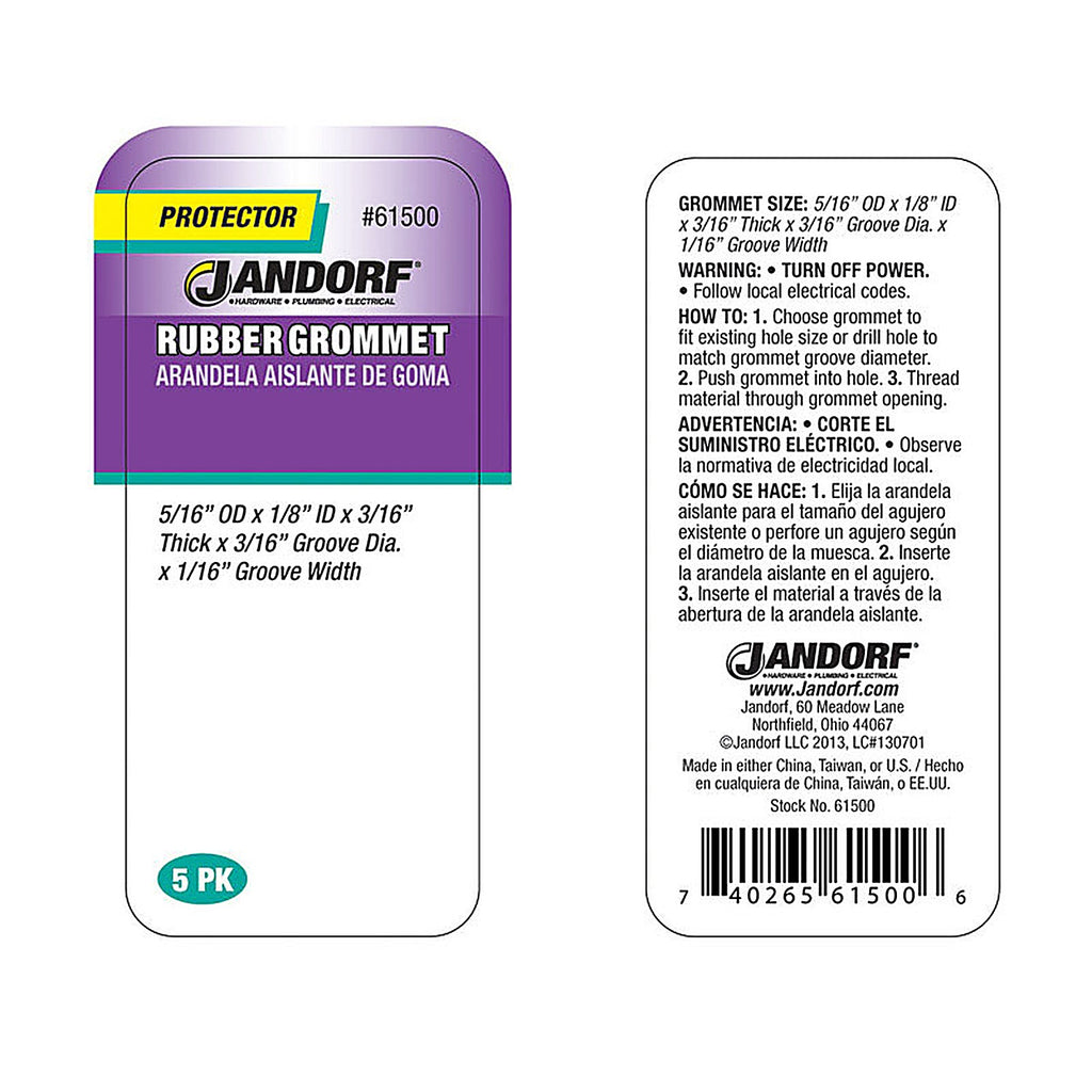Jandorf - 61500 - 5/16 in. Dia. Rubber Grommet - 5/Pack
