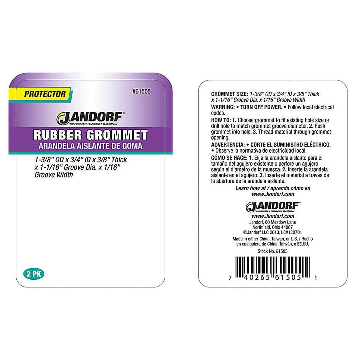 Jandorf - 61505 - 1-3/8 in. Dia. Rubber Grommet - 2/Pack