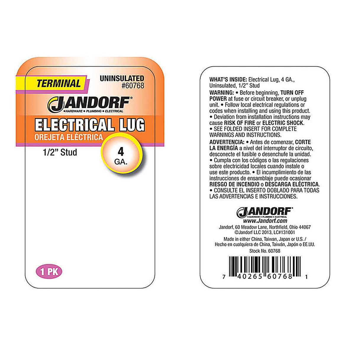 Jandorf - 60768 - 4 Ga. Uninsulated Wire Electrical Lug Silver - 1/Pack