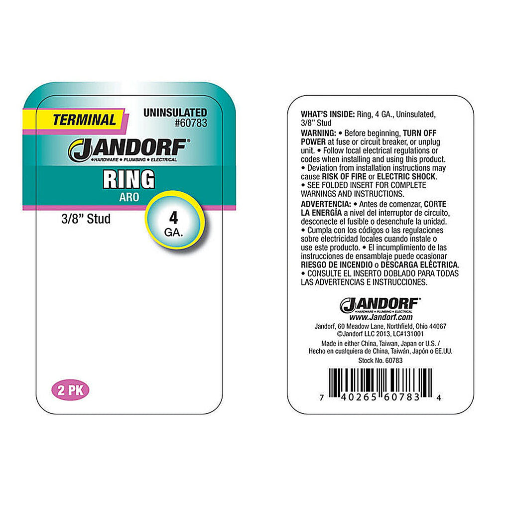 Jandorf - 60783 - 4 Ga. Uninsulated Wire Terminal Ring Silver - 2/Pack