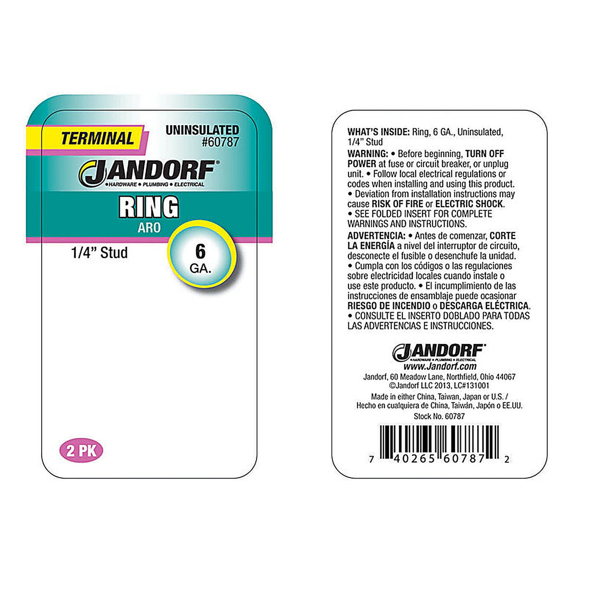Jandorf - 60787 - 6 Ga. Uninsulated Wire Terminal Ring Silver - 2/Pack