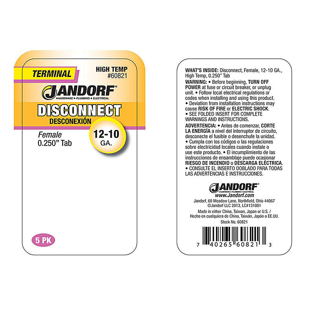 Jandorf - 60821 - 12-10 Ga. Insulated Wire Female Disconnect Silver - 5/Pack