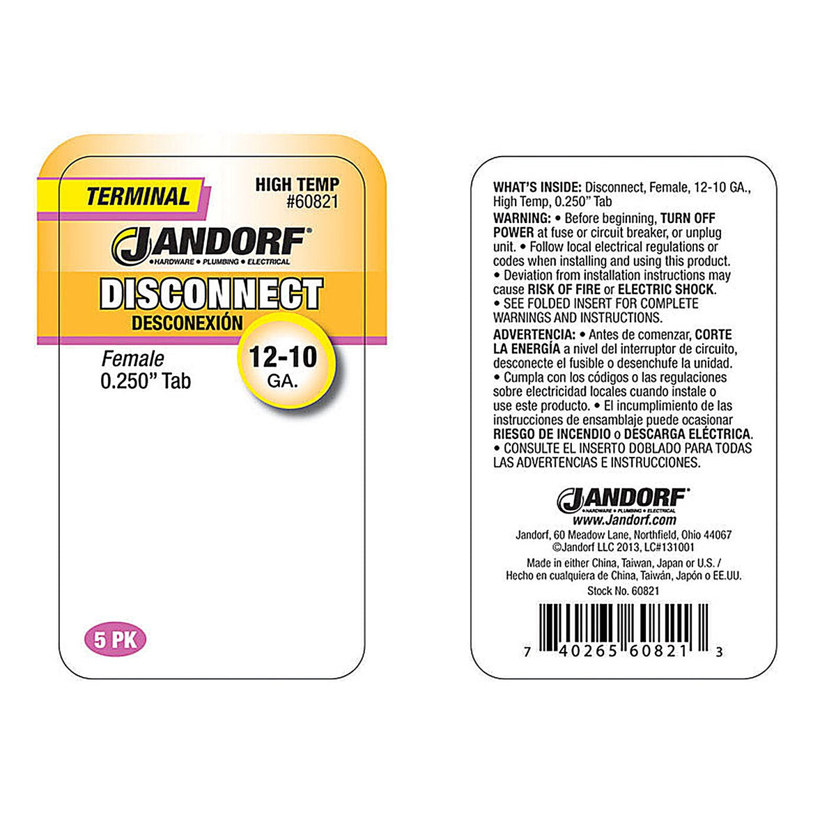 Jandorf - 60821 - 12-10 Ga. Insulated Wire Female Disconnect Silver - 5/Pack