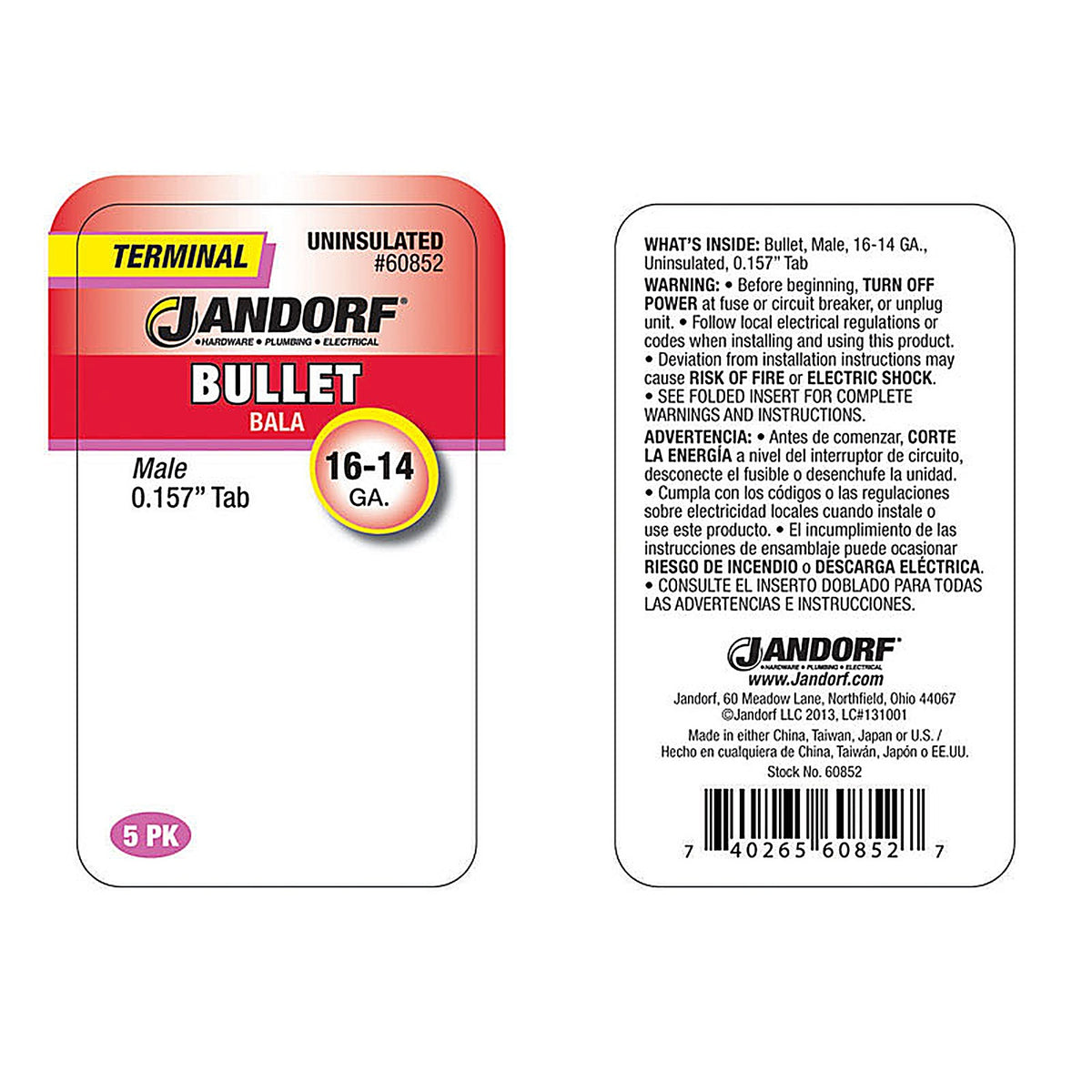 Jandorf - 60852 - 16-14 Ga. Uninsulated Wire Male Bullet Silver - 5/Pack
