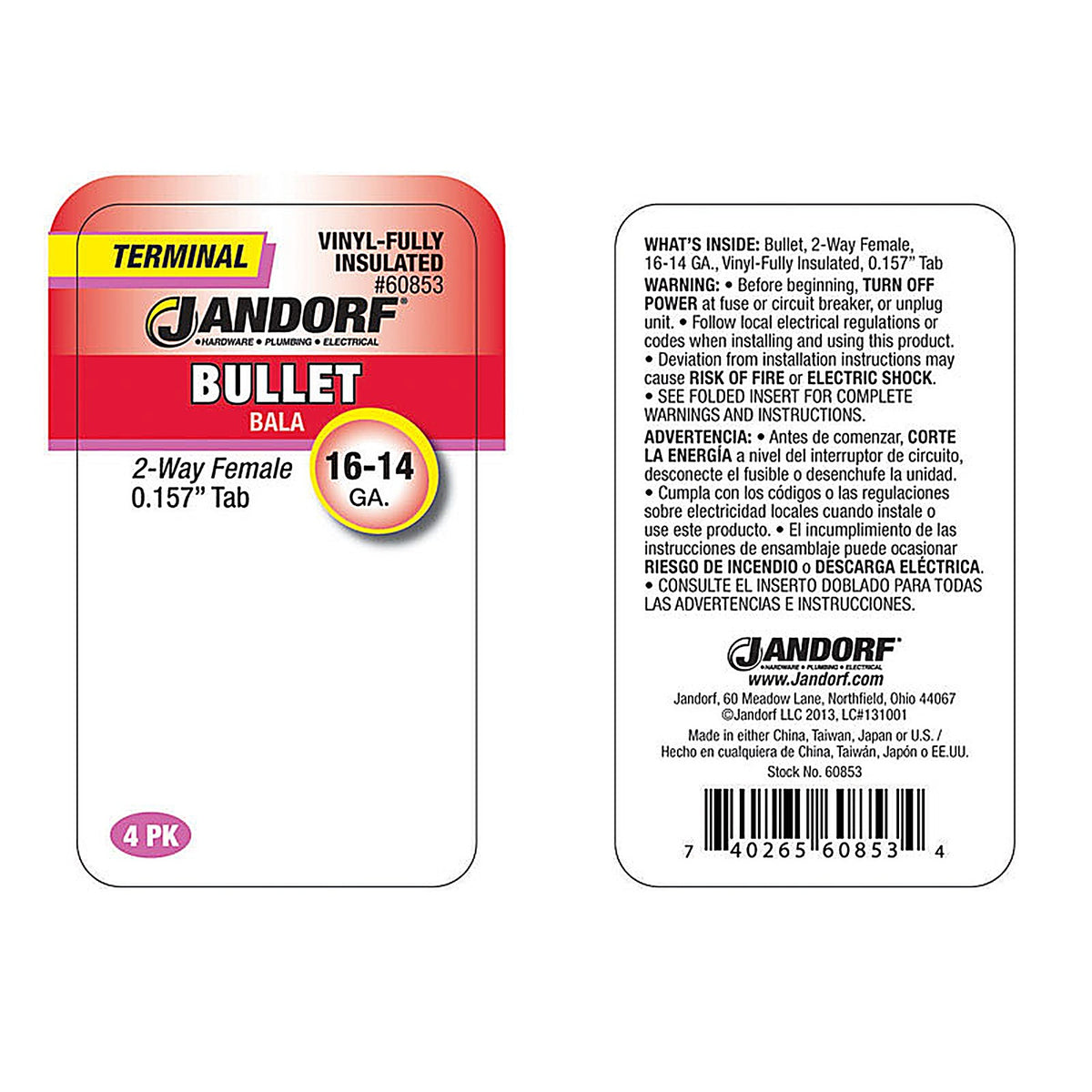Jandorf - 60853 - Insulated Wire Female Bullet Clear - 4/Pack