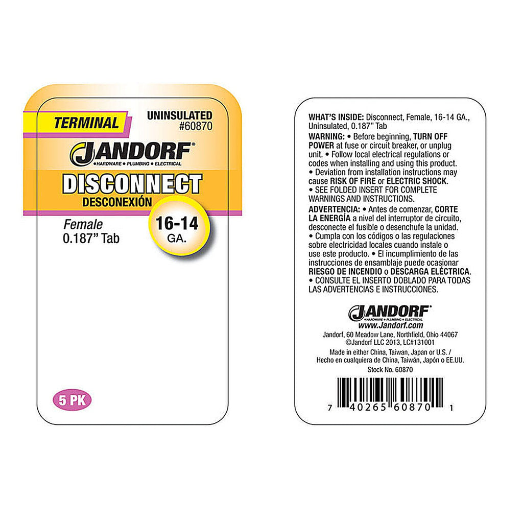 Jandorf - 60870 - 16-14 Ga. Uninsulated Wire Female Disconnect Silver - 5/Pack