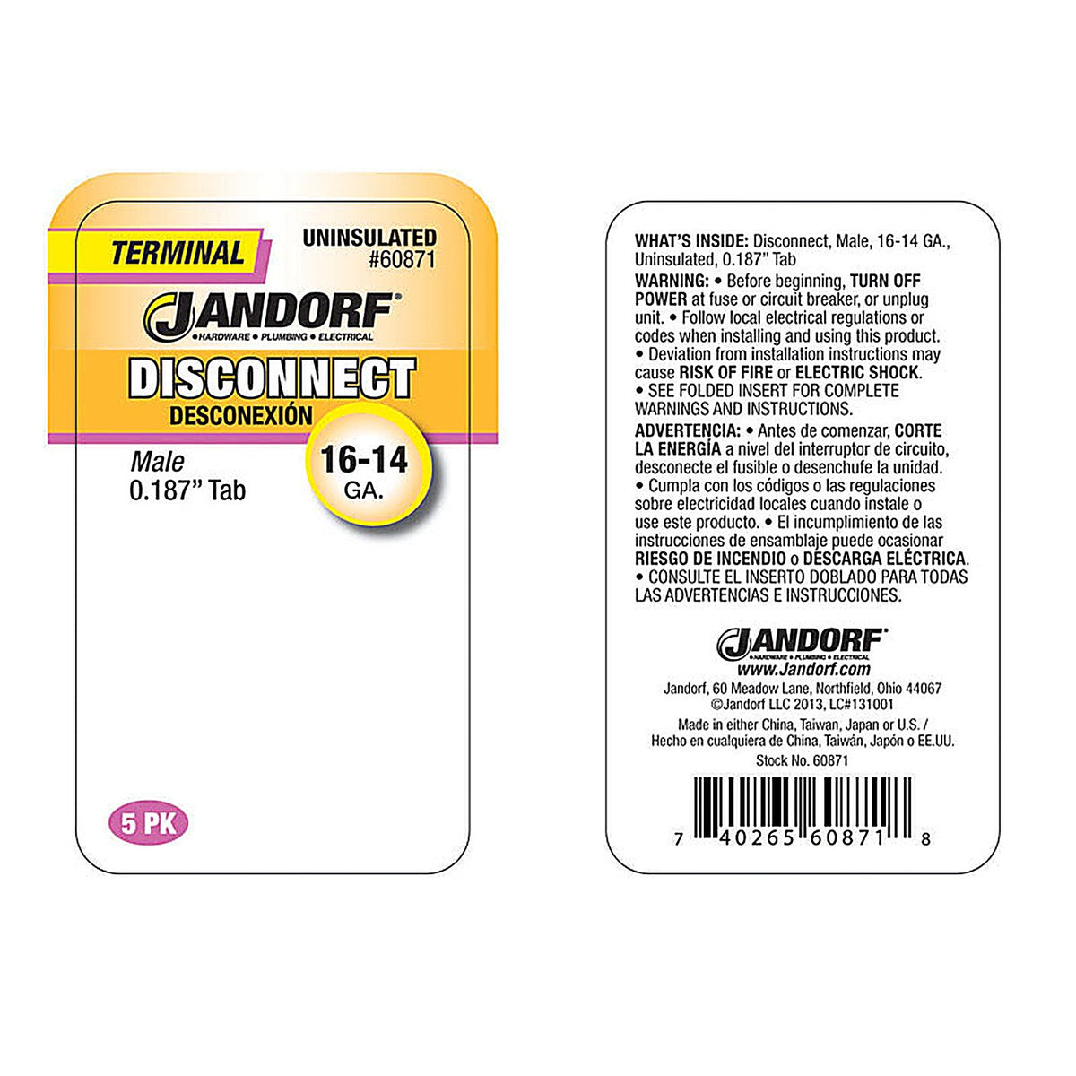 Jandorf - 60871 - 16-14 Ga. Uninsulated Wire Male Disconnect Silver - 5/Pack