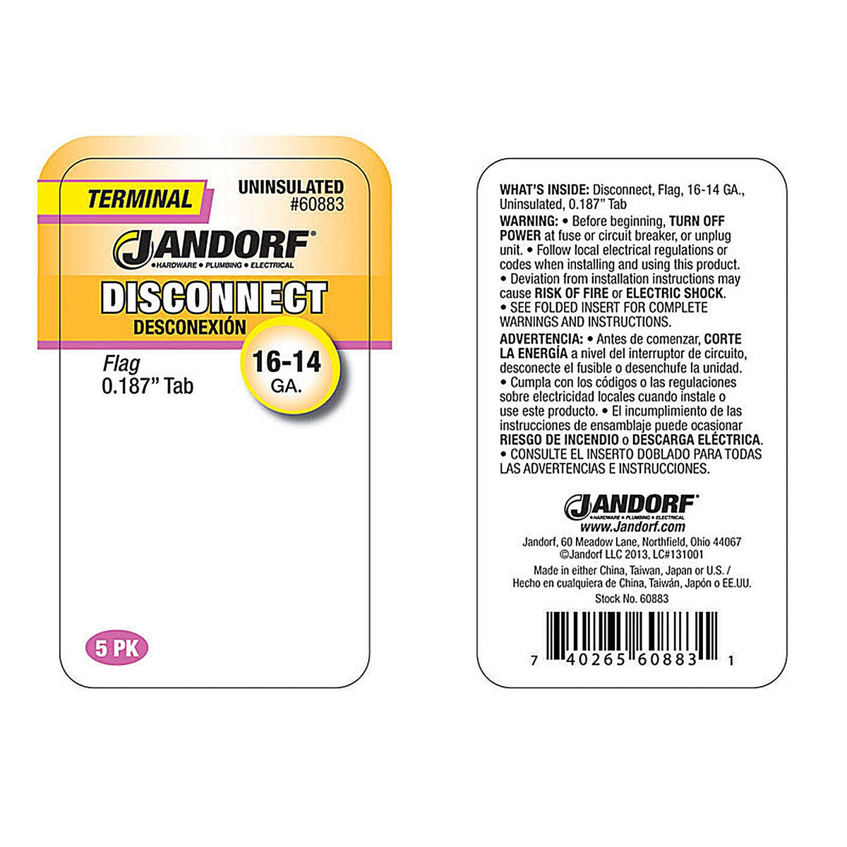 Jandorf - 60883 - 16-14 Ga. Uninsulated Wire Terminal Disconnect Silver - 5/Pack