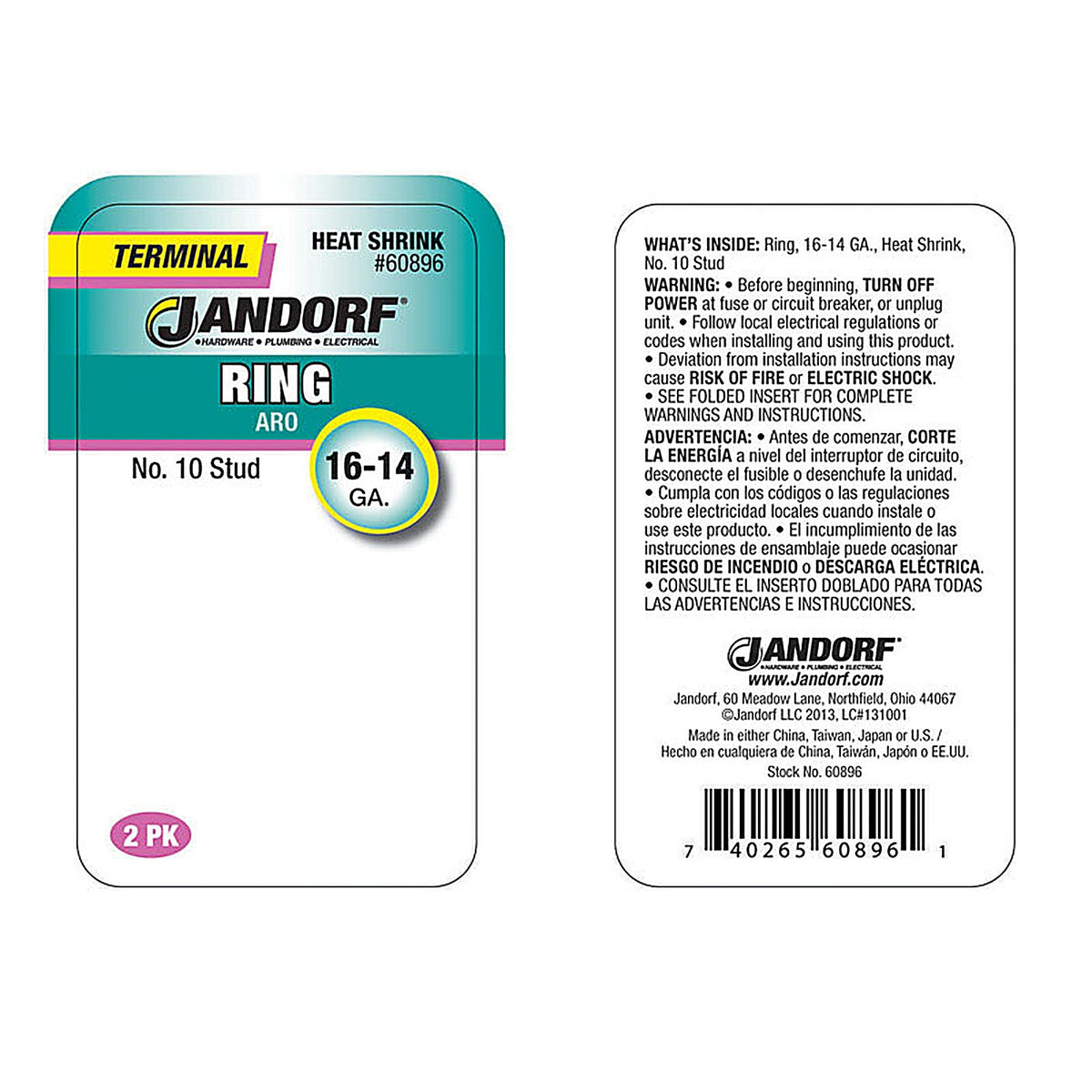 Jandorf - 60896 - 16-14 Ga. Insulated Wire Terminal Ring Green - 2/Pack