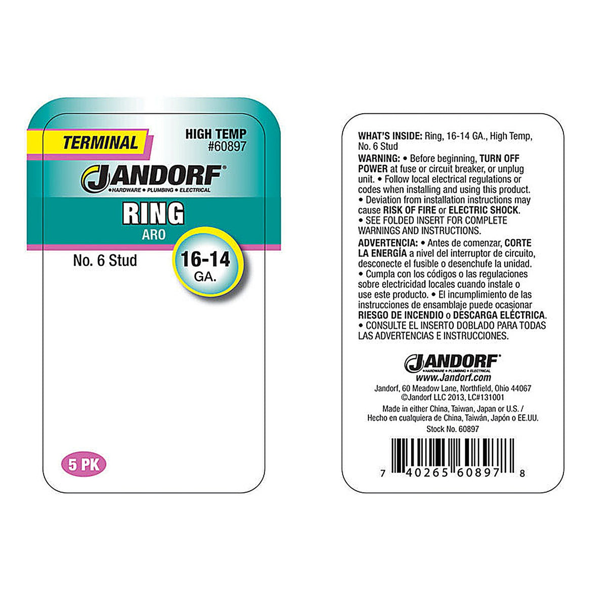 Jandorf - 60897 - 16-14 Ga. Insulated Wire Terminal Ring Silver - 5/Pack