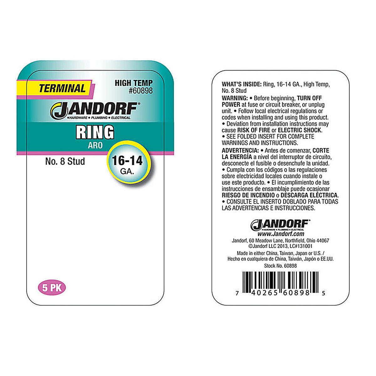 Jandorf - 60898 - 16-14 Ga. Insulated Wire Terminal Ring Silver - 5/Pack