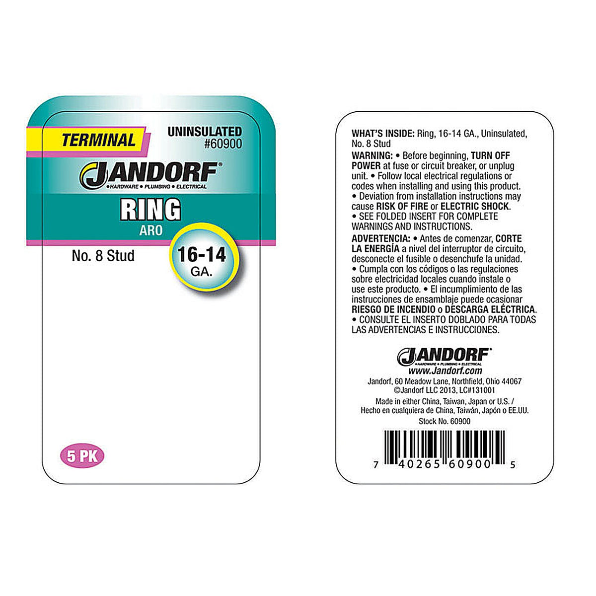 Jandorf - 60900 - 16-14 Ga. Uninsulated Wire Terminal Ring Silver - 5/Pack