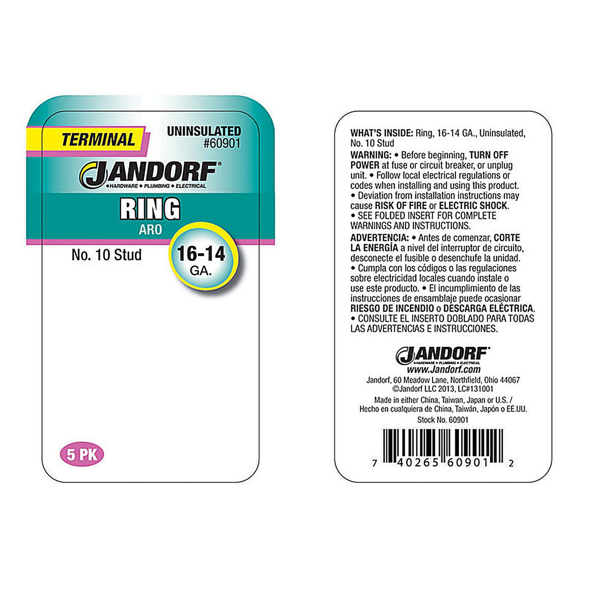 Jandorf - 60901 - 16-14 Ga. Uninsulated Wire Terminal Ring Silver - 5/Pack