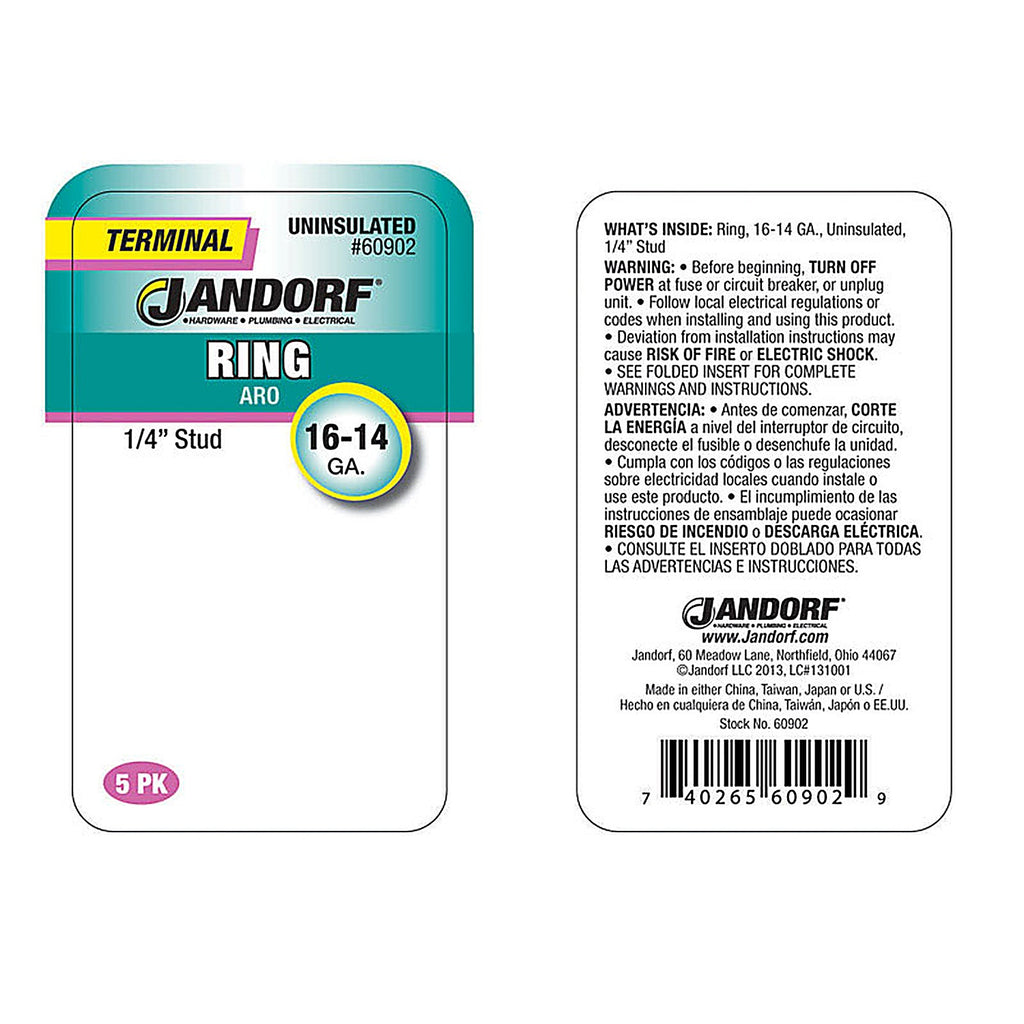 Jandorf - 60902 - 16-14 Ga. Uninsulated Wire Terminal Ring Silver - 5/Pack