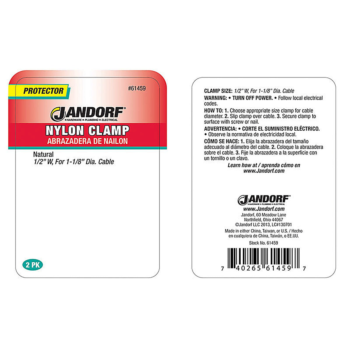 Jandorf - 61459 - 1-1/8 in. Dia. Nylon Cable Clamp - 2/Pack