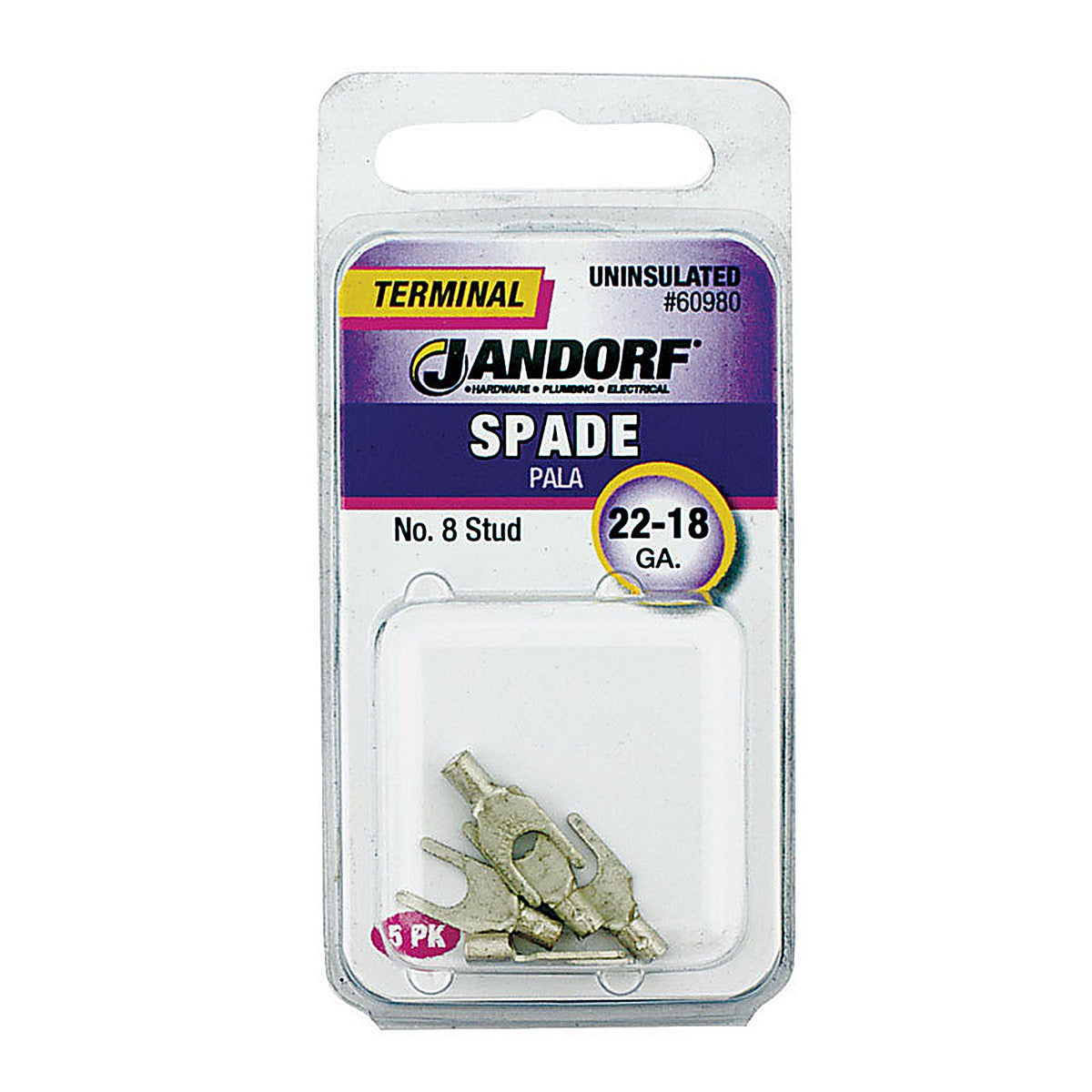Jandorf - 60980 - 22-18 Ga. Uninsulated Wire Terminal Spade Silver - 5/Pack