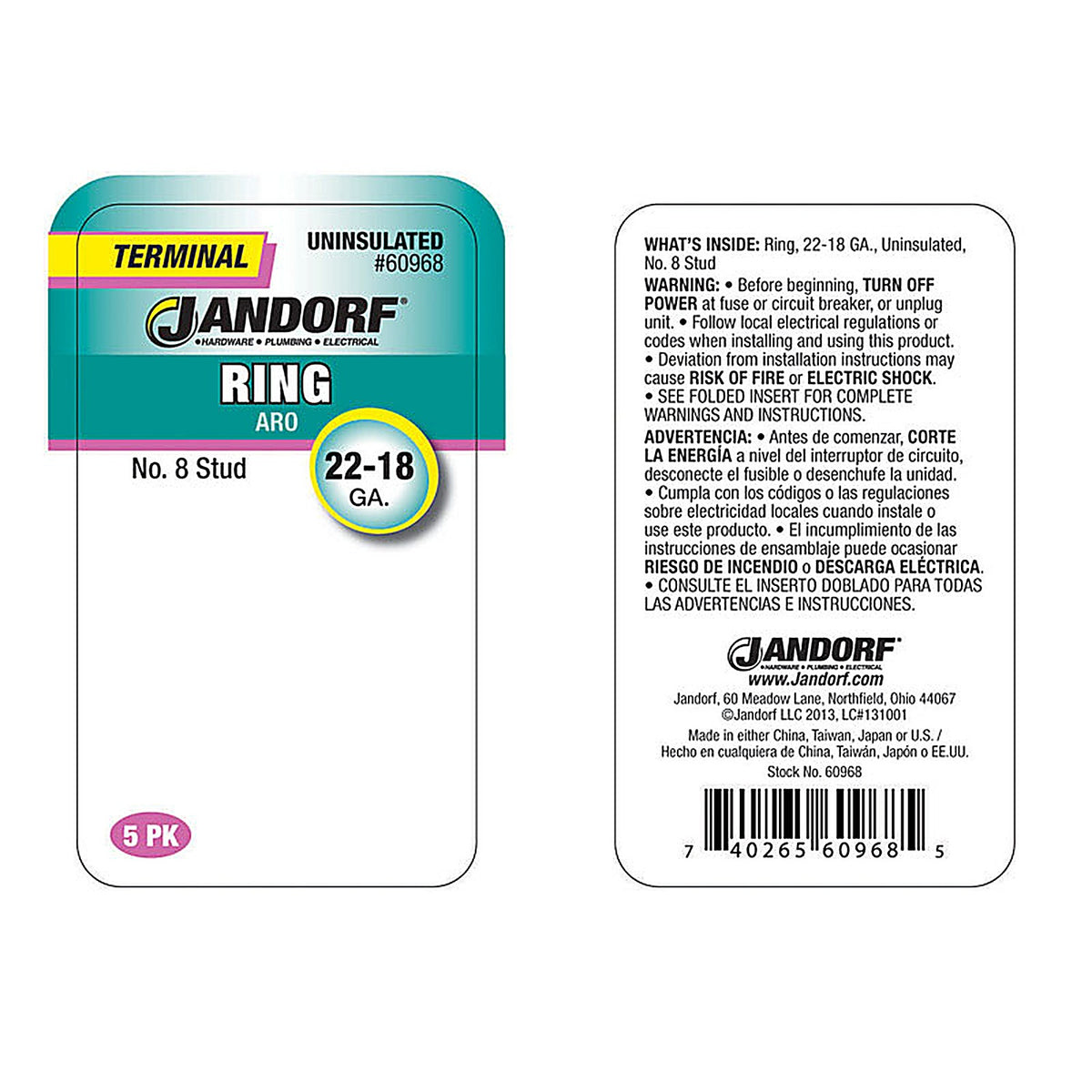 Jandorf - 60968 - 22-18 Ga. Uninsulated Wire Terminal Ring Silver - 5/Pack