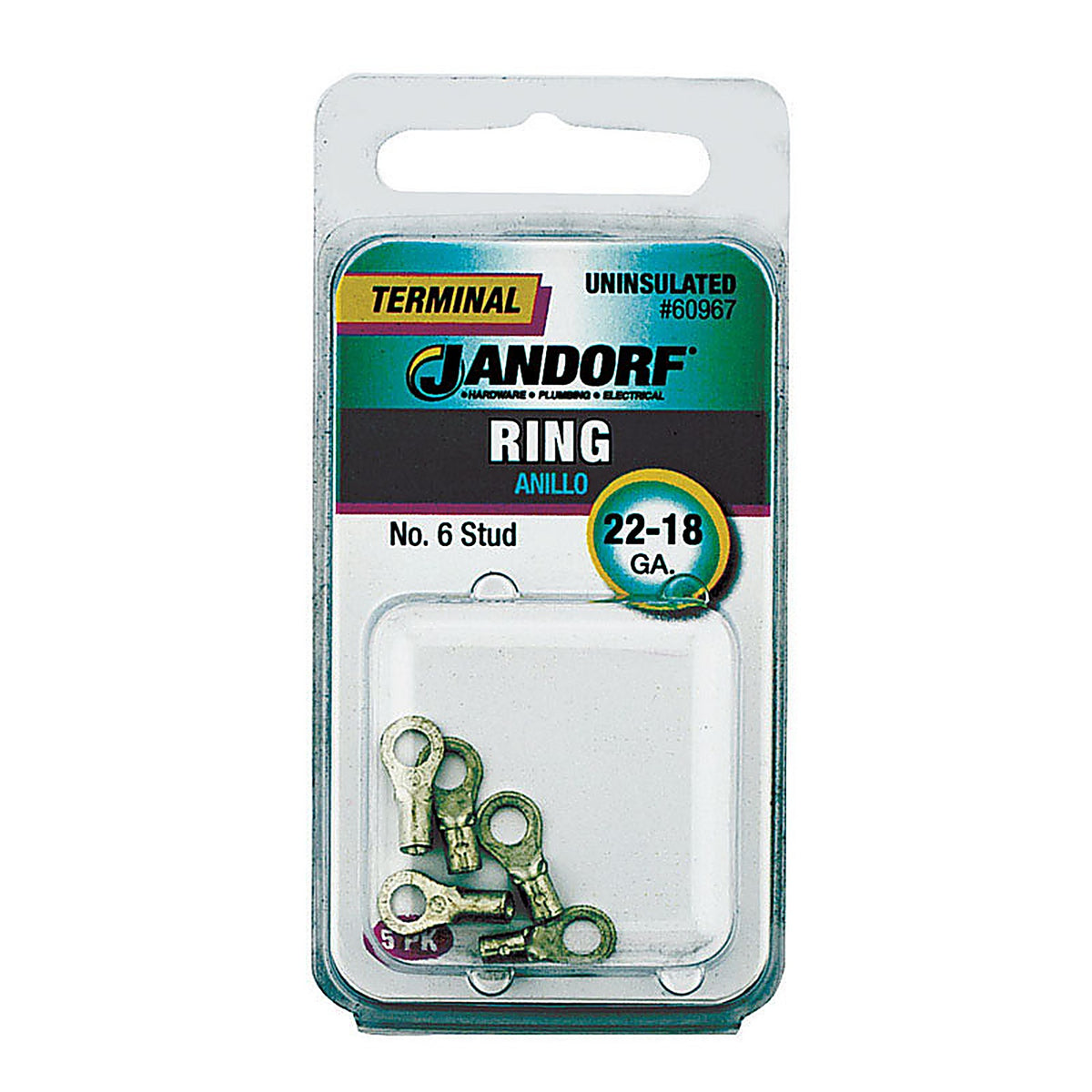 Jandorf - 60967 - 22-18 Ga. Uninsulated Wire Terminal Ring Silver - 5/Pack