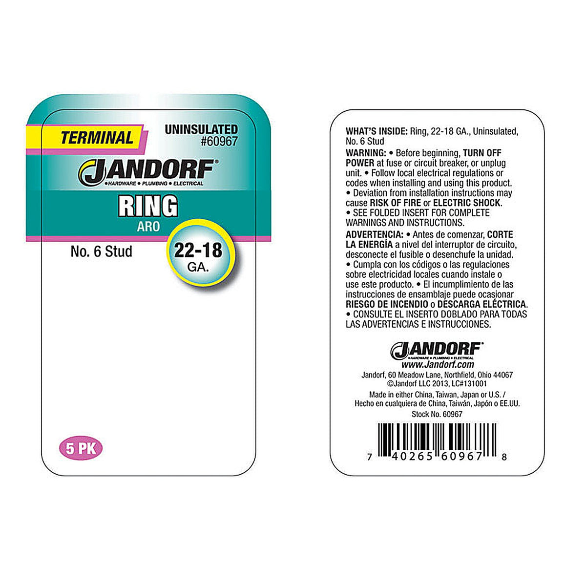 Jandorf - 60967 - 22-18 Ga. Uninsulated Wire Terminal Ring Silver - 5/Pack