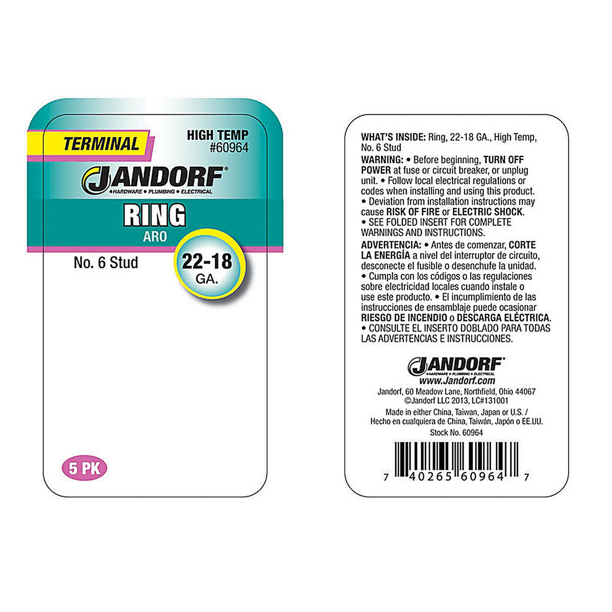 Jandorf - 60964 - 22-18 Ga. Insulated Wire Terminal Ring Silver - 5/Pack