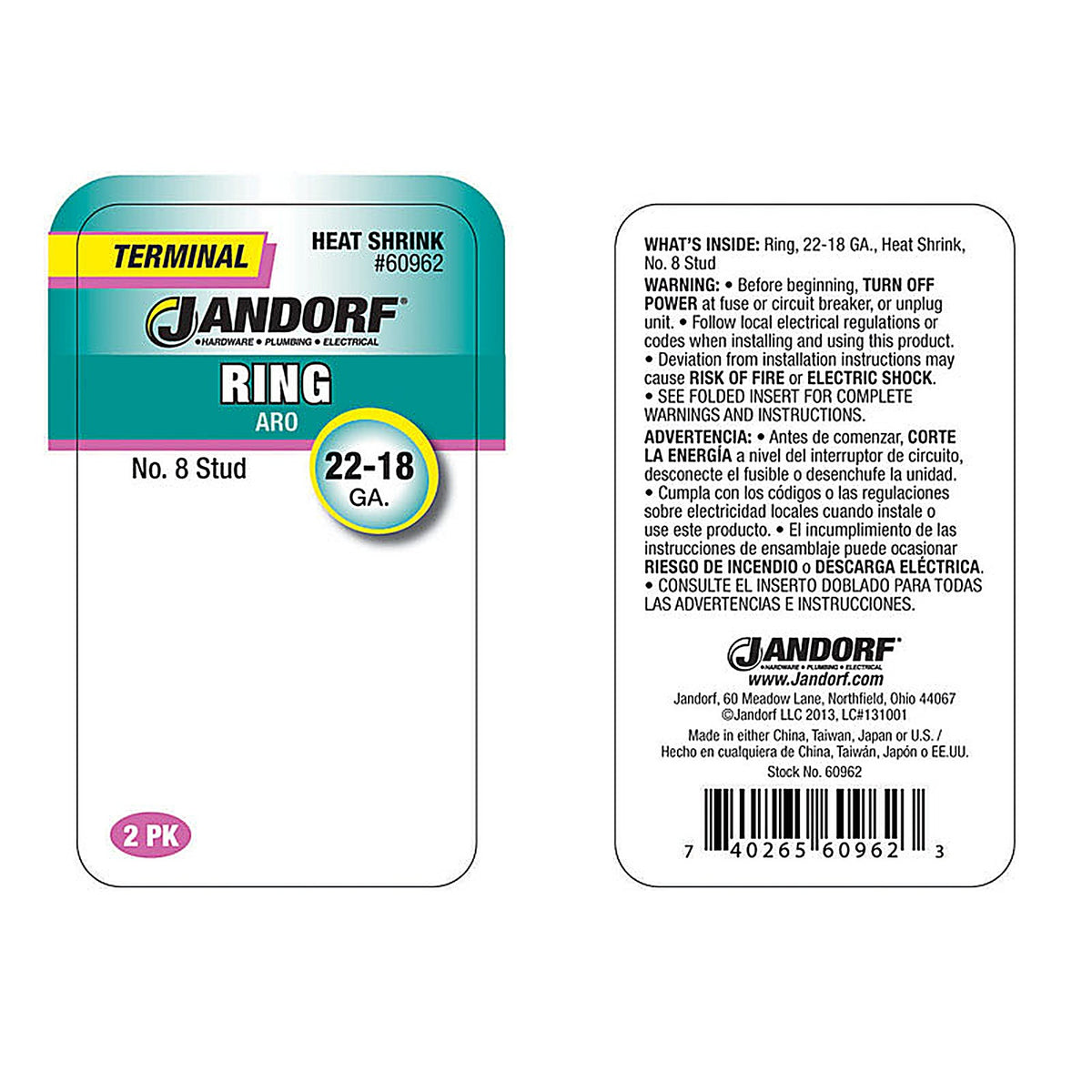 Jandorf - 60962 - 22-18 Ga. Insulated Wire Terminal Ring Red - 2/Pack