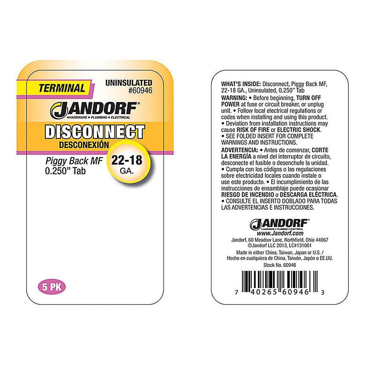 Jandorf - 60946 - 22-18 Ga. Uninsulated Wire Terminal Disconnect Silver - 5/Pack